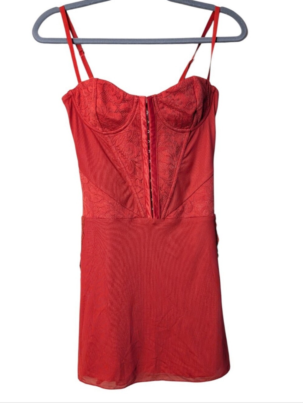 NWT Outcast Bobbi Mini Dress Rust fitted corset boning paneled Lace Mesh Medium